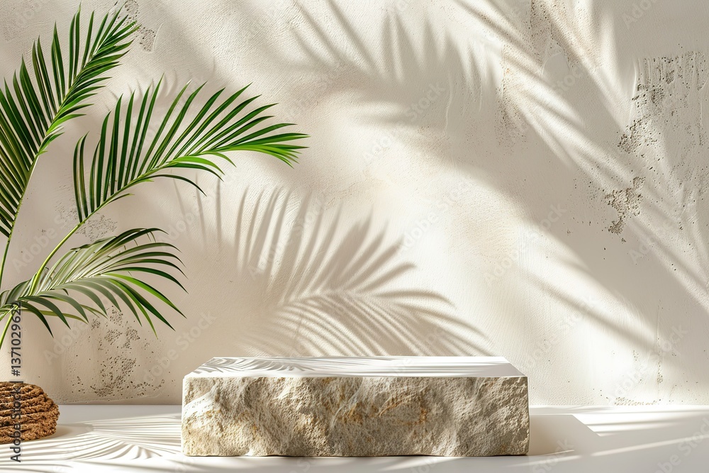 Poster minimalist product display with tropical leaves and shadows on a textured backdrop