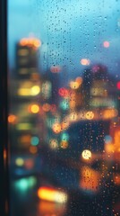 City Lights Glimmer Through a Rain-Streaked Window on a Gloomy Evening