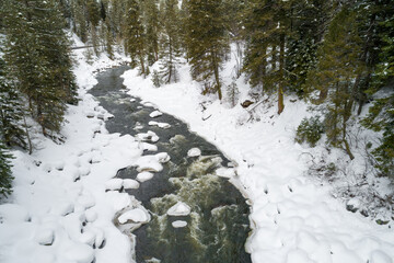 A river is frozen over with snow and ice