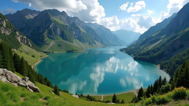 A breathtaking aerial view of Lake Cauma, Switzerland, at midday with sunny weather. The lake's vivid turquoise hue shines, surrounded by dense, sunlit forests.