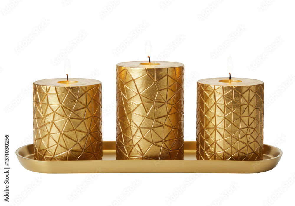 Poster gold decorative candles with geometric patterns placed in a matching gold tray isolated on transpare