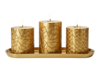 Gold decorative candles with geometric patterns placed in a matching gold tray isolated on transparent background