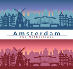 The silhouette of the beautiful city of Amsterdam is in blue and red shades in a flat Vector style.