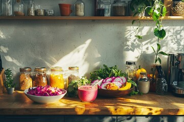 Fototapeta premium A vibrant kitchen counter displays a pink smoothie, fruit bowl, and jars in sunlit setting.