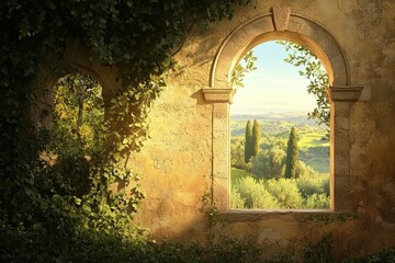 An old stone window covered in vines looks out onto a lush Tuscan landscape with rolling hills and cypress trees.