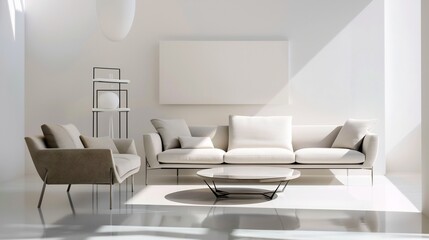 Sleek modern minimalist living room white wall neutral color palette sharp clean lines contemporary furniture isolated background