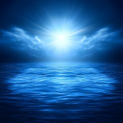 Obraz premium Serene Ocean Sunset: Bright Sun Rays over Calm Blue Water