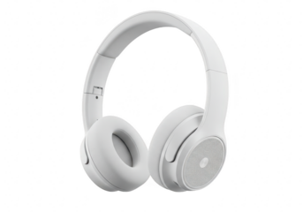 Sleek white over-ear wireless headphones with cushioned ear pads and adjustable headband isolated on transparent background