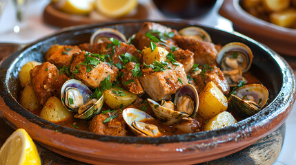 Savory Portuguese Pork and Clams Dish with Vegetables and Aromatic Herbs
