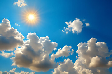 a close-up shot of a bright blue sky with scattered fluffy white clouds.