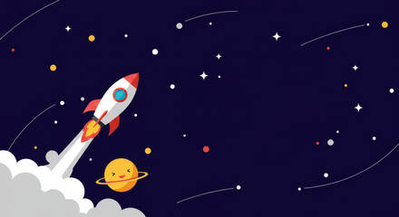 Naklejka premium Rocket Launching into Space - A stylized rocket blasts off into a dark blue space, leaving a trail of smoke. A small planet is visible
