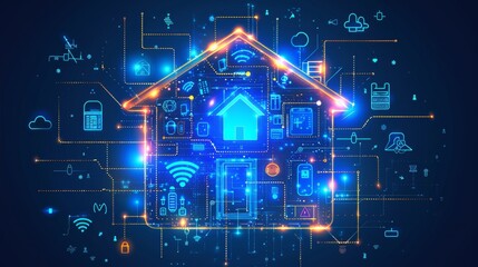 Smart home technology visualized with blue digital illustration featuring icons for electricity, security, and lighting elements