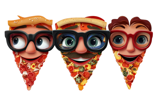 Whimsical Cartoon Pizza Characters with Unique Faces and Big Glasses for Fun Food-Related Concepts and Designs