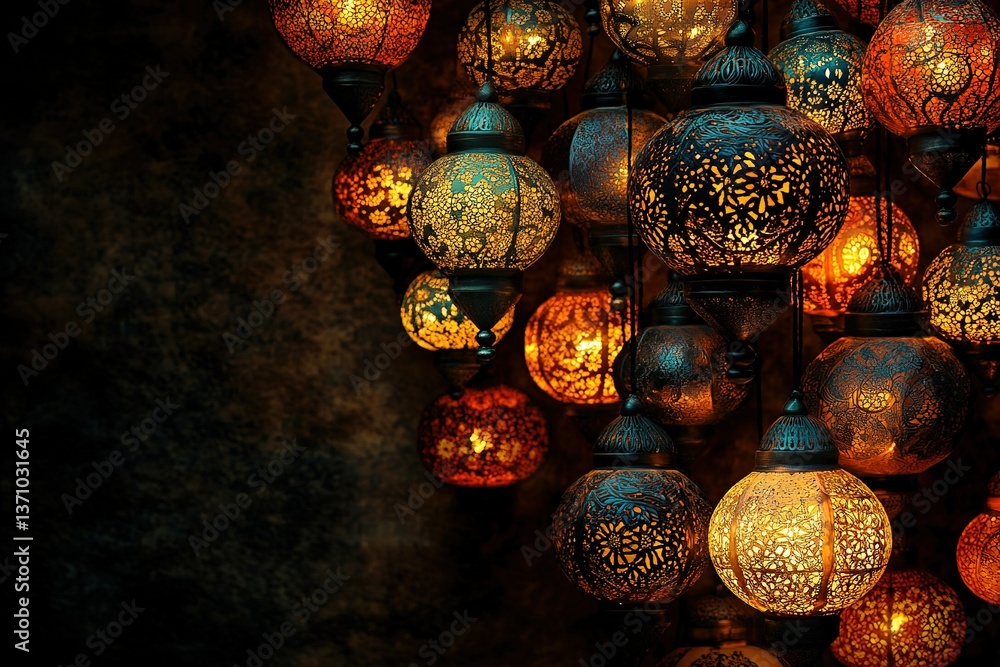 Poster glowing ornate lanterns hanging illuminating dark space with intricate light patterns