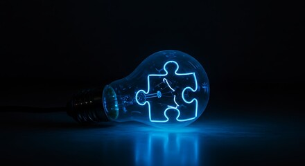Glowing Puzzle Piece Inside Light Bulb Represents Idea Integration