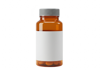 Amber colored plastic pill bottle with a blank white label and gray cap isolated on transparent background