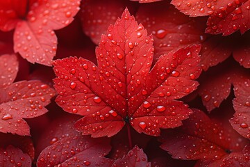 Fototapeta premium Vibrant Red Autumn Leaves with Dewdrops - Nature's Seasonal Beauty for Print or Poster Design