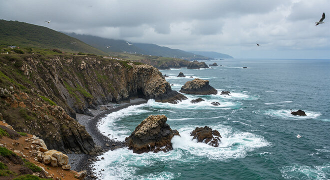 Dramatic coastal landscape with crashing waves and rocky cliffs  