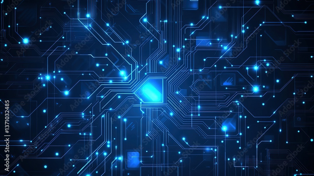 Poster abstract technology background featuring circuit board patterns and glowing blue lights