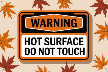 A stylized warning sign reads Hot Surface Do Not Touch surrounded by autumnal maple leaves on a beige background.