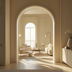 Cream style apartment living room design with smooth arc door opening comfy furniture