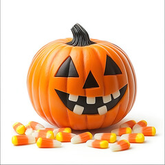 Happy Jack-o'-Lantern with a cheerful grin rests amongst a pile of classic orange yellow and white Halloween candy.