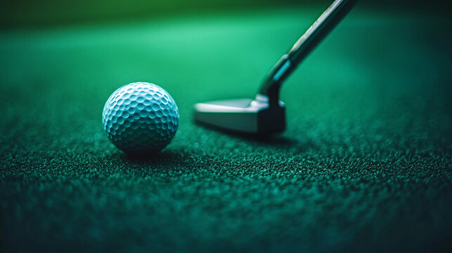 Close-up of golf ball and putter on green turf, showcasing precision and focus in the sport of golf.  Represents skill, competition, and the game's challenge