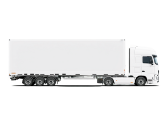 White cargo truck as large commercial freight vehicle, with a streamlined cab and a large cargo container, isolated on a transparent background