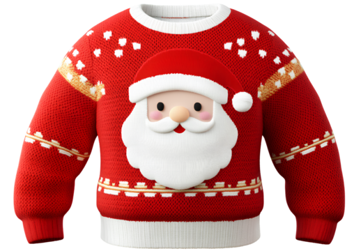 A cute Christmas sweater with a Santa Claus motif, in a red color, knitted style, on a white background, in PNG format