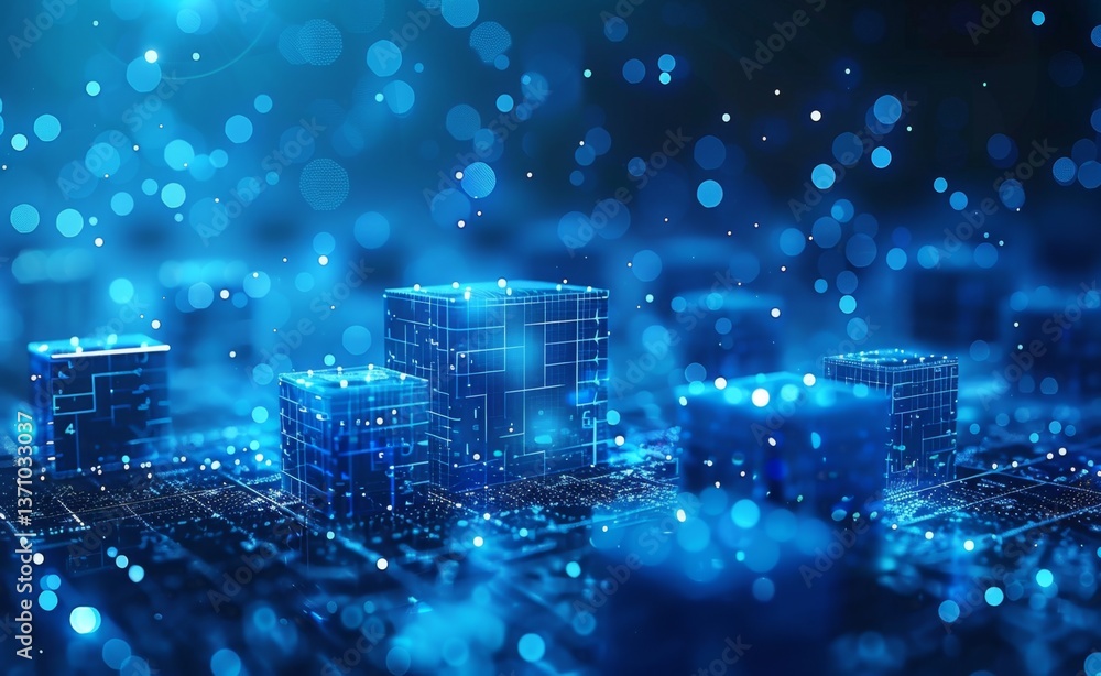 Fototapete Abstract blue vector background representing blockchain technology with data blocks and holographic symbols