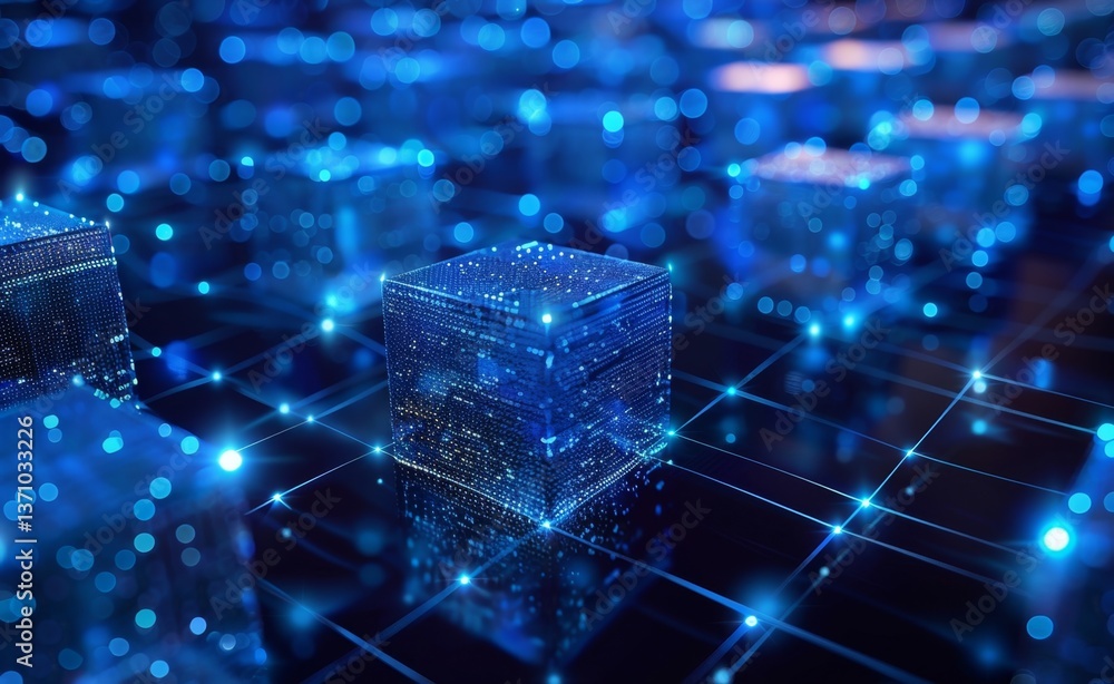Poster blue vector illustration showcasing a futuristic blockchain concept with glowing cubes on a dark bac