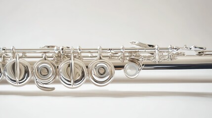 Obraz premium A close-up shows a shiny silver flute on a clean white background. 