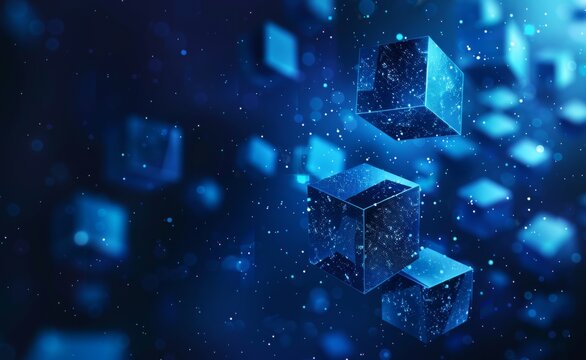 Blue vector illustration depicting blockchain technology with cubes on a dark blue background highlighting digital connections