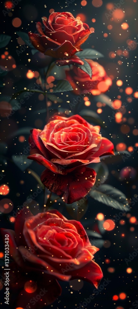 Poster red roses illuminated by glowing particles against a dark background create a stunning fantasy setti