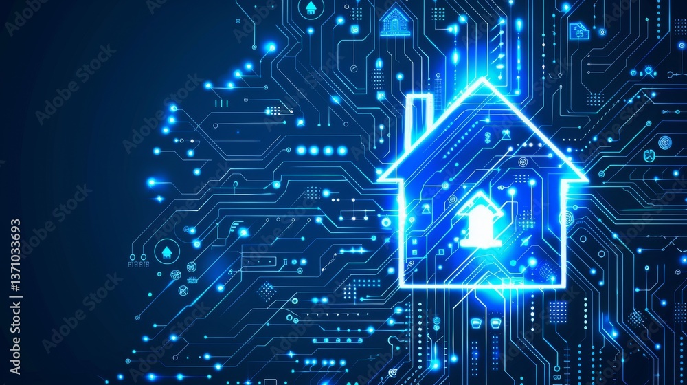 Poster digital circuit house design showcases smart home technology with glowing power button