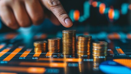 Hand pointing at rising coins and money bag against financial growth graph background