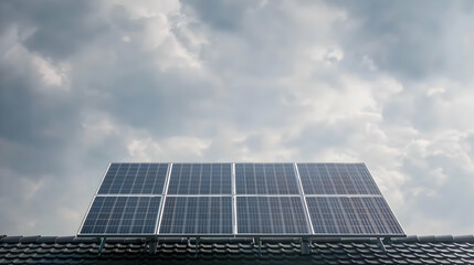 Fototapeta premium Solar Panels On Roof Under Cloudy Sky