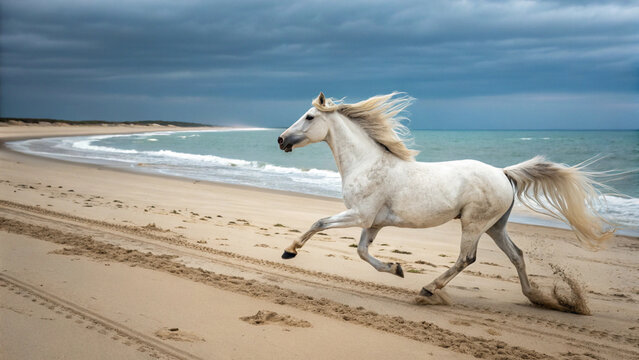 horse, beach, ocean, sand, running, galloping, white, waves, nature, freedom, wild, powerful, mane, speed, beauty, coastline, animal, sea, breeze, strength, majestic, motion, spirit, adventure, equine - Powered by Adobe