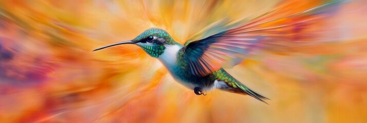 Hummingbird in flight vibrant colors background.