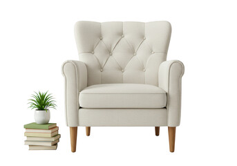 Fototapeta premium Cozy cream fabric armchair with wooden legs and tufted backrest isolated on transparent background