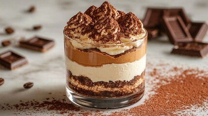 Elegant tiramisu dessert in a glass, brown and beige, representing Italian sweet treat