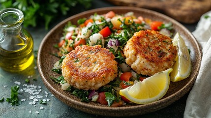 Fototapeta premium Delicious crab cakes served with fresh salad on a rustic plate