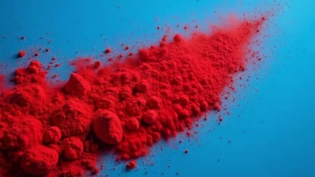  Short 4k video clip of a red powder being dispersed diagonally across a solid blue background, creating a high-contrast, dynamic, and abstract visual.