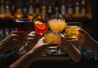 Cheers to Good Times: A convivial gathering sees friends toasting with an array of vibrant cocktails, their glasses raised in celebration, and creating a sense of warmth and connection.