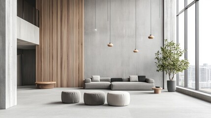 Modern minimalist lobby, concrete walls, wood accents, city view