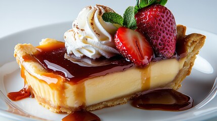This elegant pudding tart features a glossy caramel glaze, fresh strawberries, and whipped cream, making it an eye-catching dessert for any occasion or festive celebration.