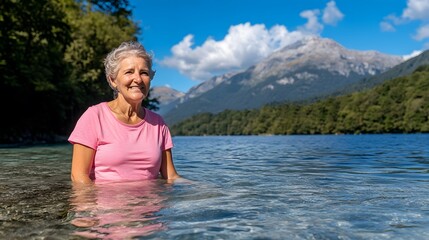 Fototapeta premium Happy Senior Woman Relaxing in Mountain Lake