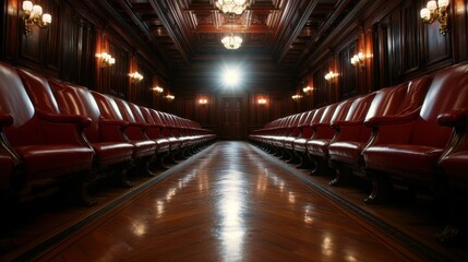 This grand hallway showcases luxurious red chairs lining the sides, illuminated by ornate chandeliers, exuding an opulent atmosphere that captivates the viewer.