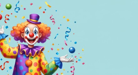 Naklejka premium Joyful Clown Carnival Celebration - A happy clown in a colorful costume celebrates with confetti. Symbolizes joy, fun, festivity, celebration, and playfulness