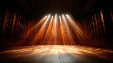 The illuminated stage is graced by dramatic rays of light, creating a captivating atmosphere perfect for performances, rich in artistic expression and vibrant energy.